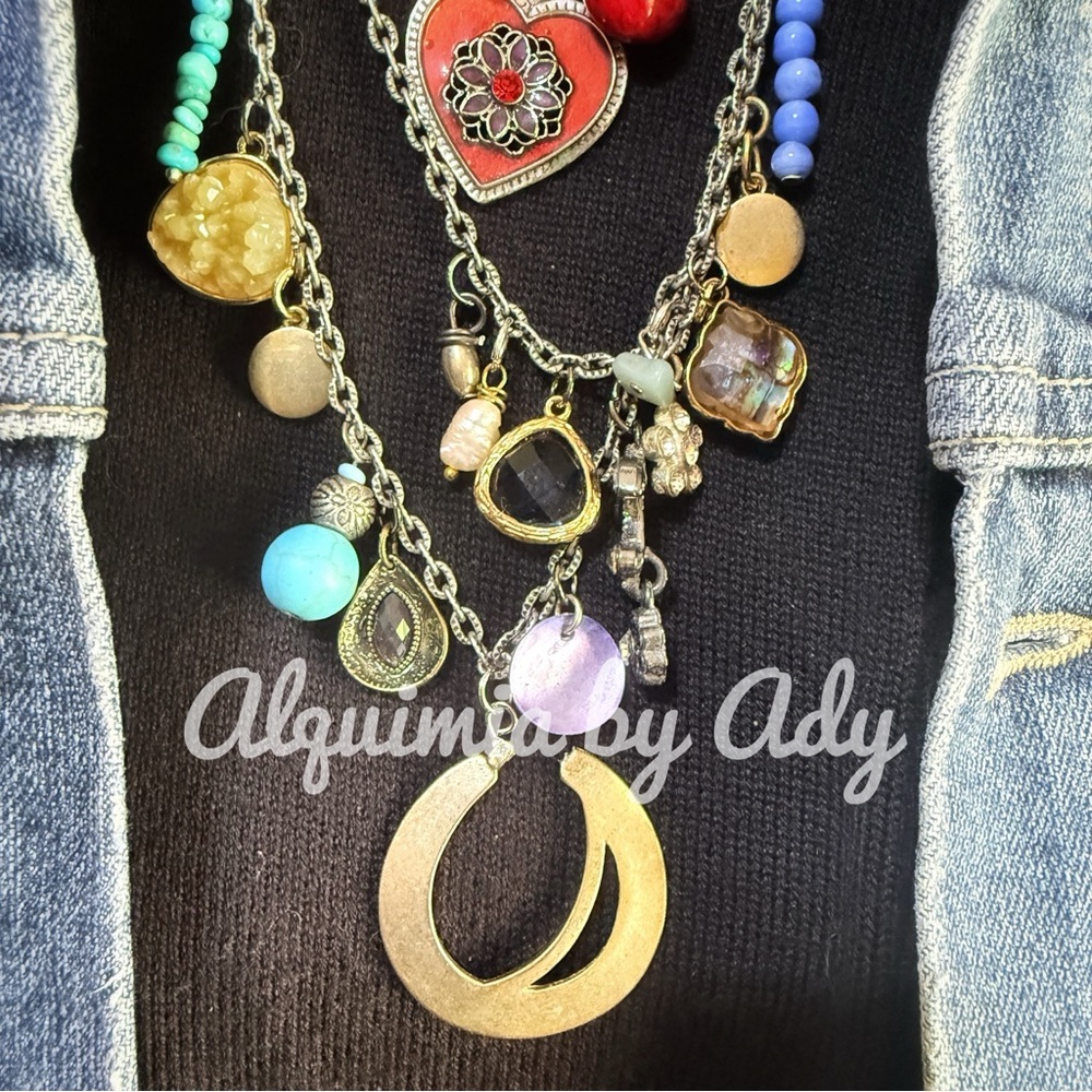 Gitana Charm Story Necklace • Mixed Metals & Sandstone • Boho Talisman - Picture 5 of 5